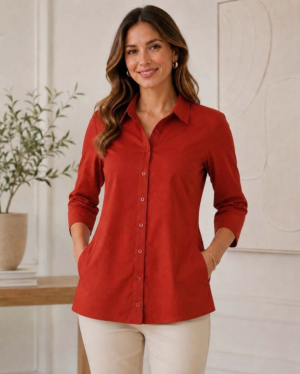 Chicos S (0) No Iron Button Shirt Pockets Rust Terracotta Career Preppy Minimali